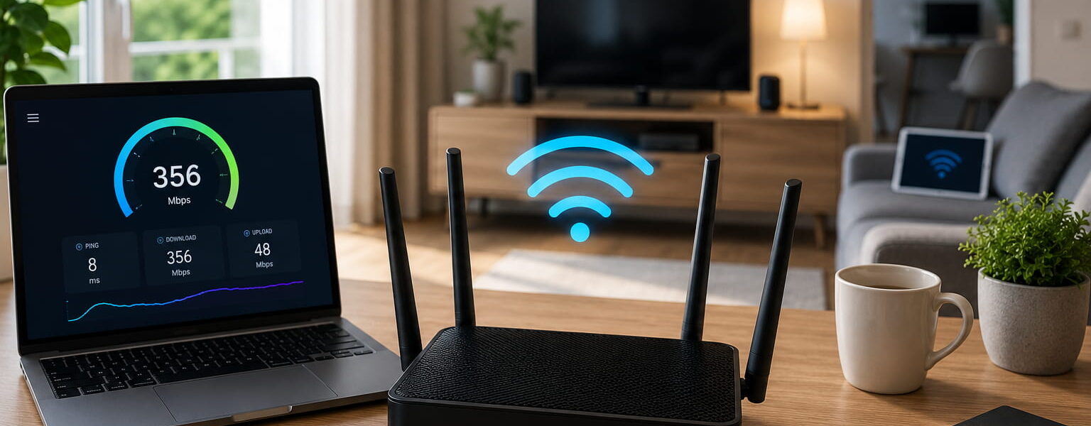 Internet schneller mit neuem Router: moderner WLAN-Router mit Laptop und Speedtest im Heimnetz