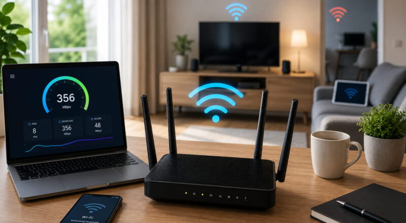 internet schneller neuer router Internet schneller mit neuem Router: moderner WLAN-Router mit Laptop und Speedtest im Heimnetz