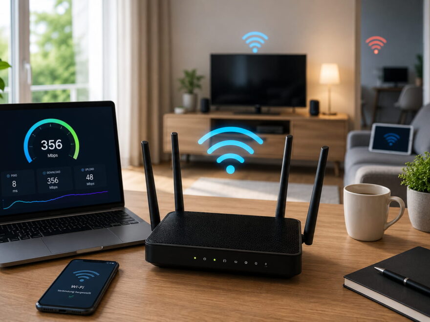 Internet schneller mit neuem Router: moderner WLAN-Router mit Laptop und Speedtest im Heimnetz