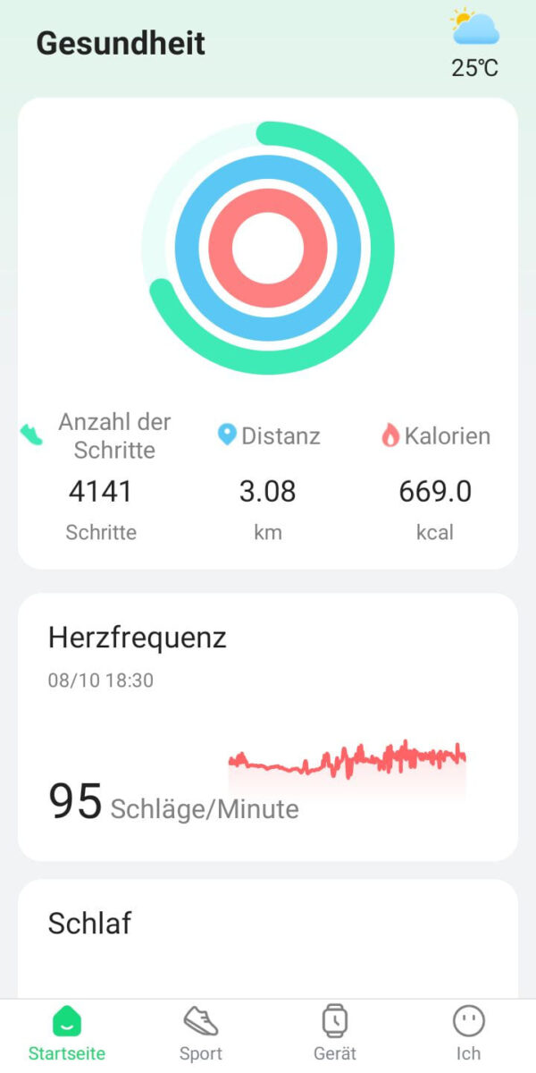 Kardena CARE GPS App – Tagesübersicht Kardena CARE GPS App mit Übersicht zu Schritten, Distanz, Kalorien und Puls