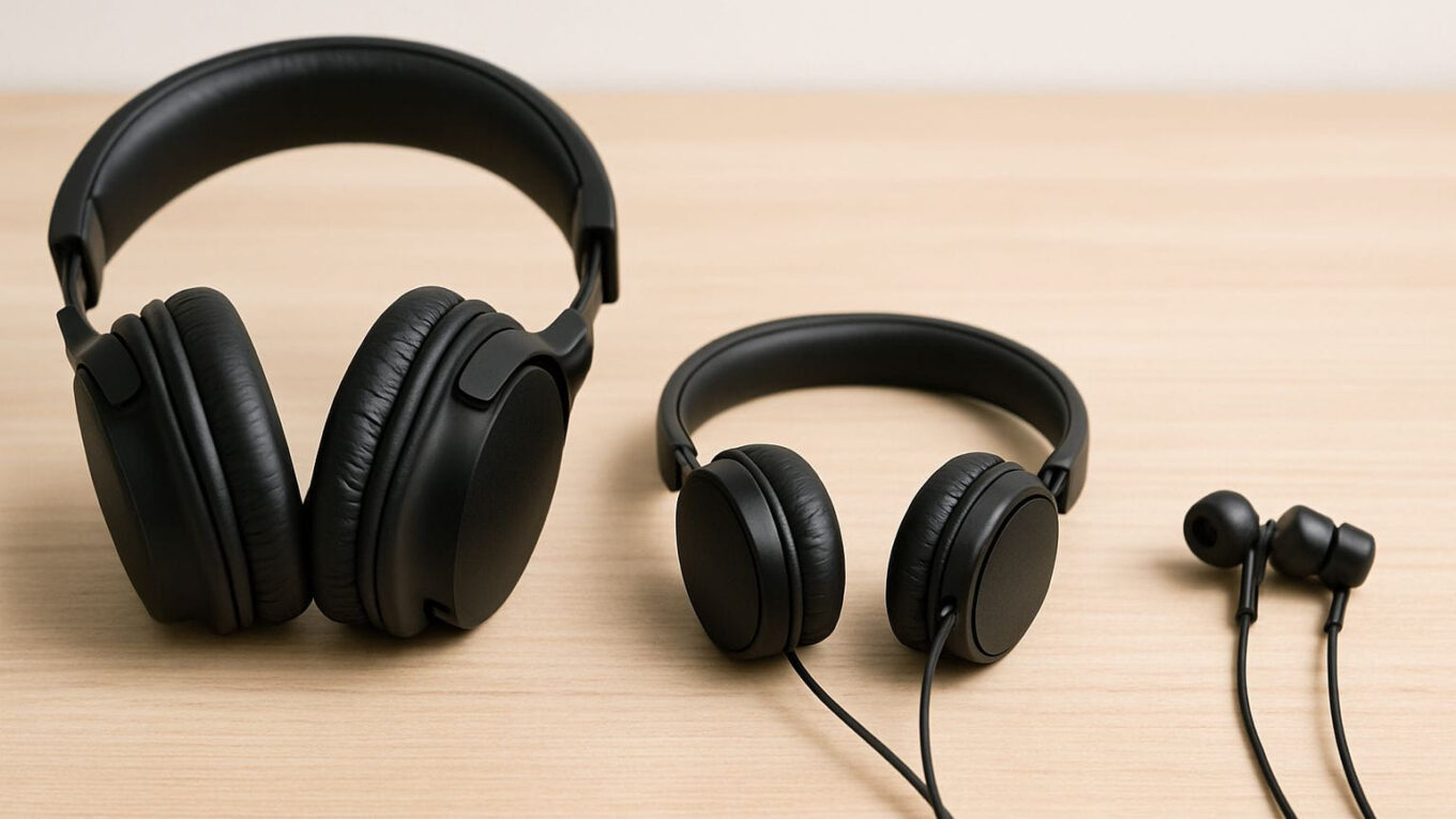 Drei Kopfhörer-Typen im Vergleich: Over-Ear, On-Ear und In-Ear nebeneinander dargestellt