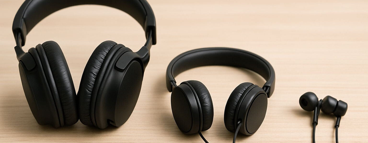 Drei Kopfhörer-Typen im Vergleich: Over-Ear, On-Ear und In-Ear nebeneinander dargestellt