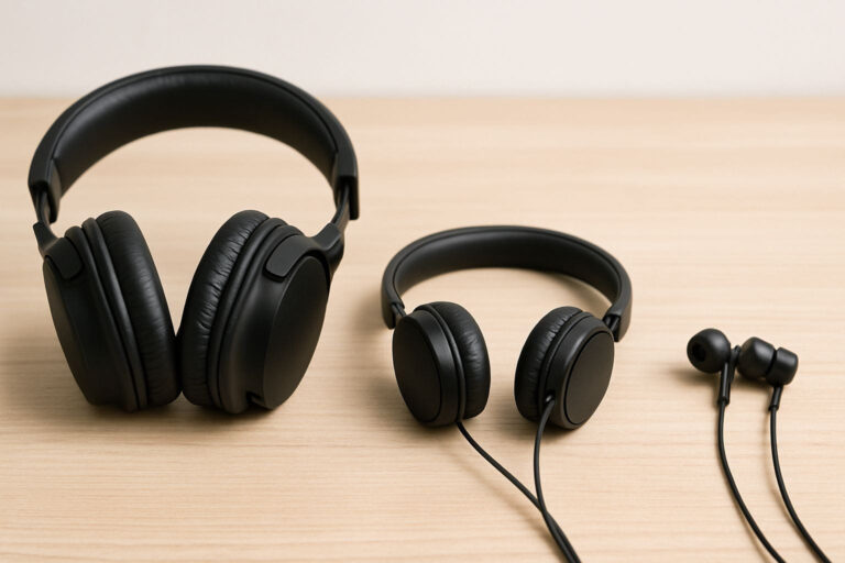 Drei Kopfhörer-Typen im Vergleich: Over-Ear, On-Ear und In-Ear nebeneinander dargestellt