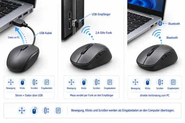 PC-Maus per USB-Kabel, 2,4-GHz-Funk und Bluetooth mit dem Computer verbinden