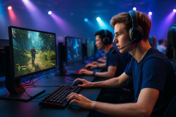 240 Hz Monitor im E-Sport Turnier E-Sport Spieler bei einem Turnier mit 240 Hz Monitoren und High-End-Setup