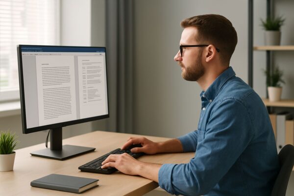 60 Hz Monitor im Büroalltag Büroarbeitsplatz mit Monitor bei 60 Hz für Textarbeit und Alltag