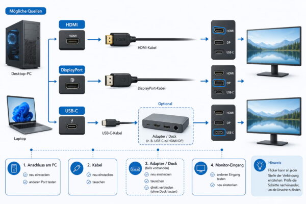 Monitorkabel und Anschlüsse überprüfen Monitorverbindung mit Kabel, Anschluss und Adapter als mögliche Ursache für Bildschirmflackern