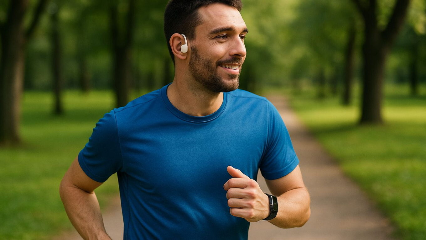 Jogger mit offenen In-Ear-Kopfhörern im Park – leichte Bauweise für sicheres Training