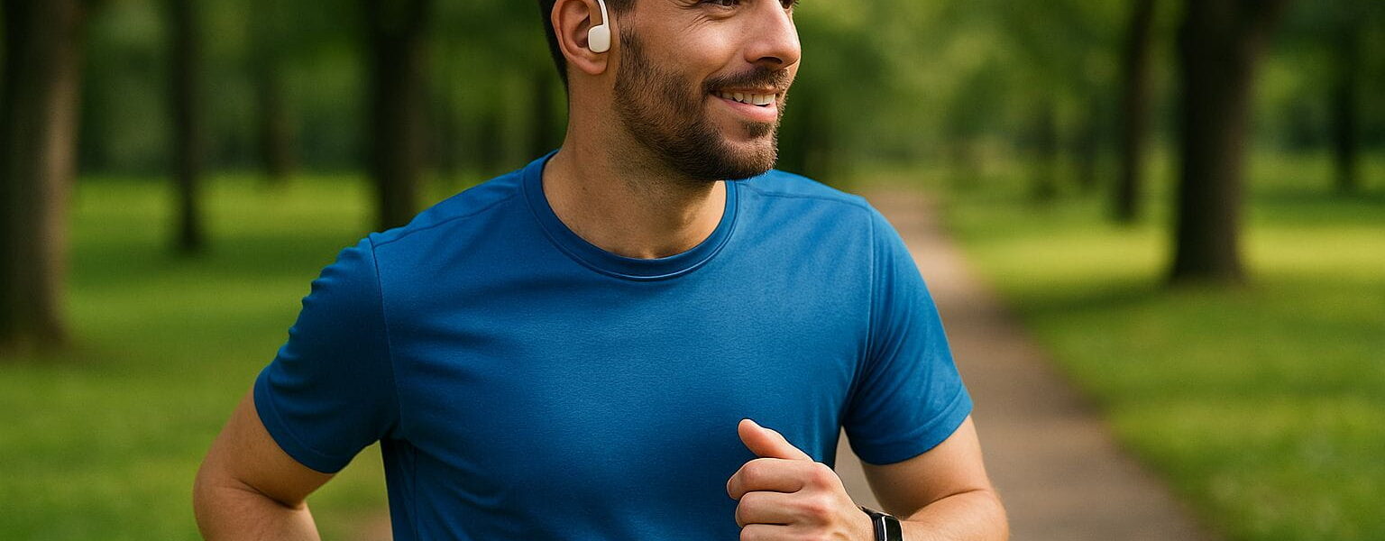 Jogger mit offenen In-Ear-Kopfhörern im Park – leichte Bauweise für sicheres Training