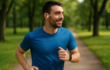 Jogger mit offenen In-Ear-Kopfhörern im Park – leichte Bauweise für sicheres Training