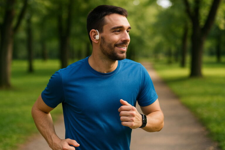 Jogger mit offenen In-Ear-Kopfhörern im Park – leichte Bauweise für sicheres Training