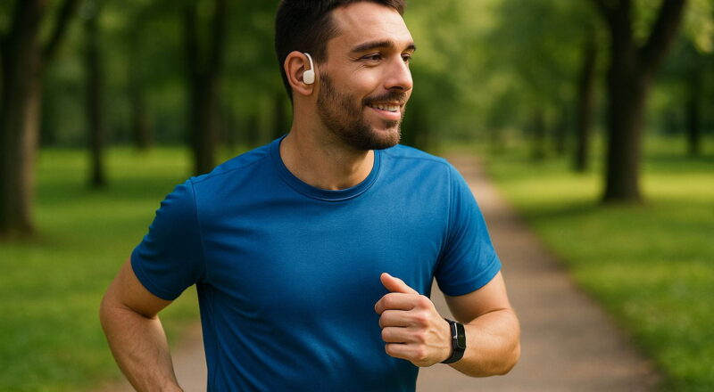 Jogger mit offenen In-Ear-Kopfhörern im Park – leichte Bauweise für sicheres Training
