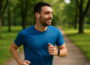 Jogger mit offenen In-Ear-Kopfhörern im Park – leichte Bauweise für sicheres Training