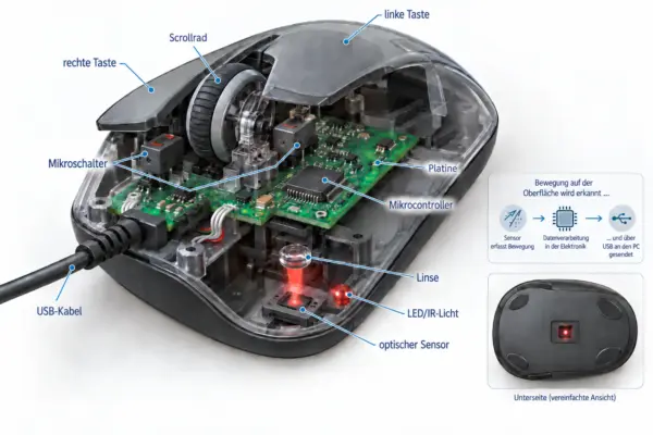 Aufbau einer PC-Maus mit Sensor, Platine, Schaltern und Scrollrad