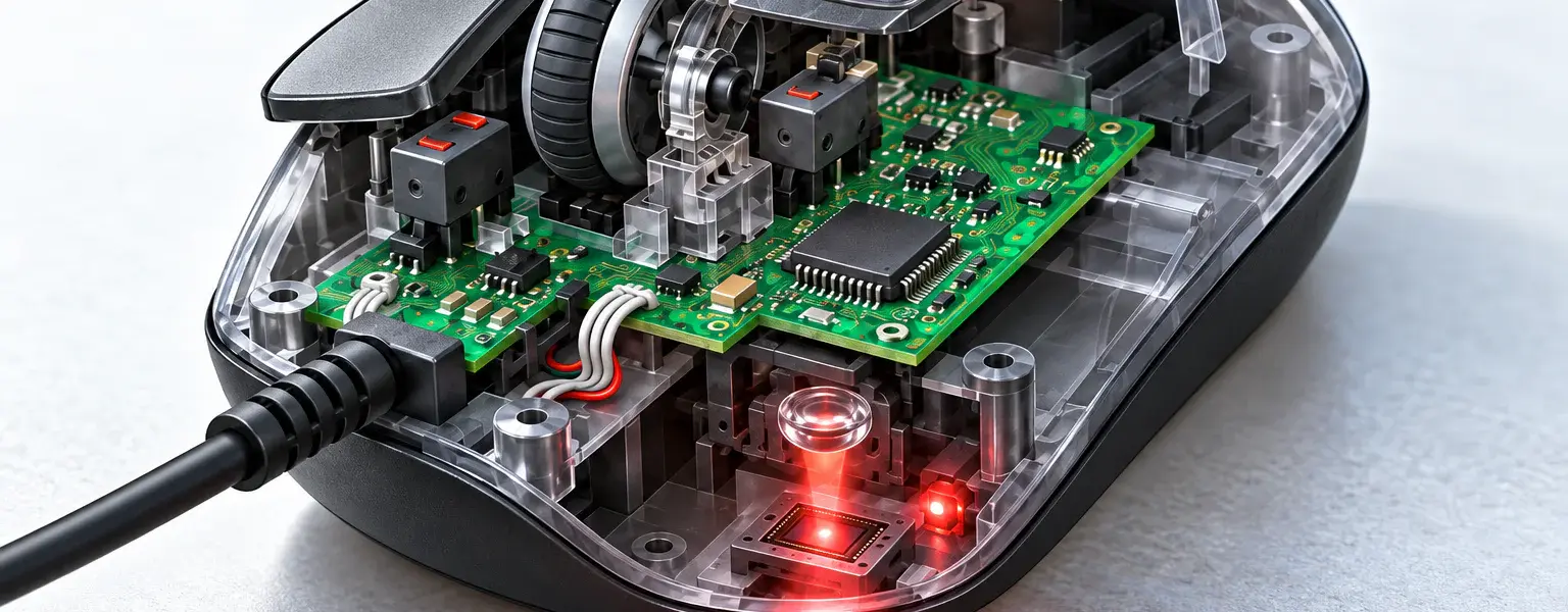 Geöffnete PC-Maus mit Platine, Scrollrad, Mikroschaltern und optischem Sensor