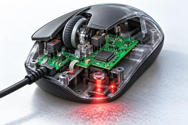 Geöffnete PC-Maus mit Platine, Scrollrad, Mikroschaltern und optischem Sensor