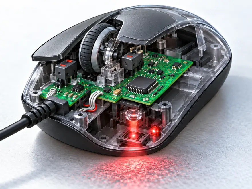 Geöffnete PC-Maus mit Platine, Scrollrad, Mikroschaltern und optischem Sensor