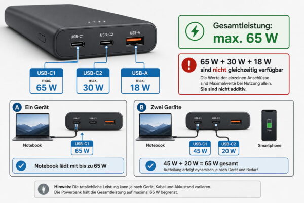 Powerbank Gesamtleistung bei mehreren Anschlüssen Powerbank Gesamtleistung mit 65 Watt und Leistungsverteilung auf mehrere Anschlüsse