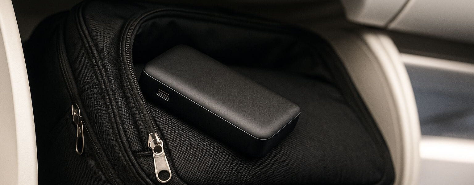 Powerbank im Handgepäck sicher im Flugzeug verstaut