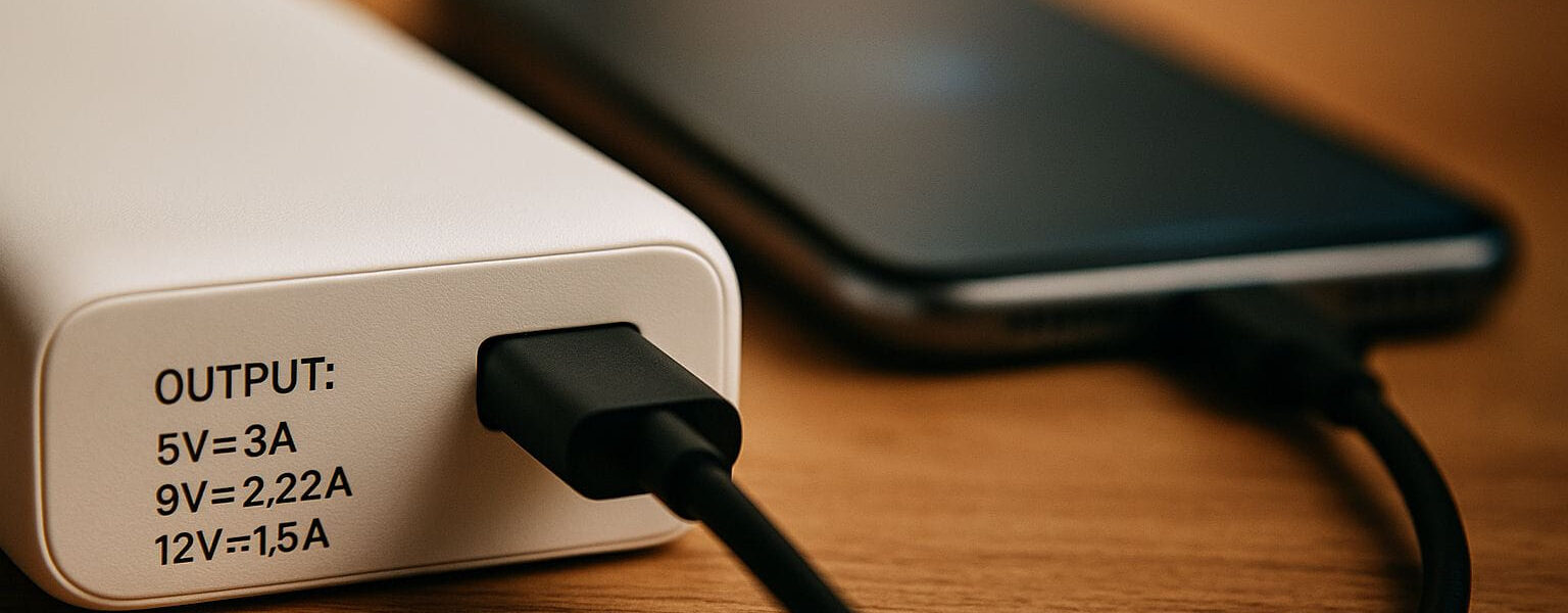 Powerbank Output auf Gehäuserückseite mit angeschlossenem Smartphone