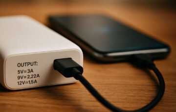 Powerbank Output auf Gehäuserückseite mit angeschlossenem Smartphone