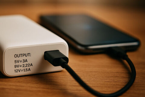Powerbank Output auf Gehäuserückseite mit angeschlossenem Smartphone