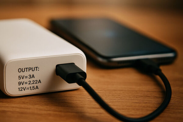 Powerbank Output auf Gehäuserückseite mit angeschlossenem Smartphone