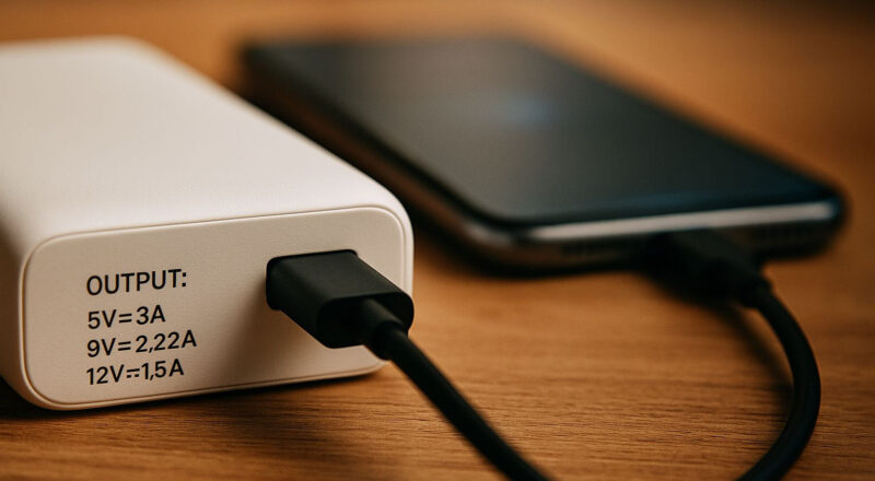 Powerbank Output auf Gehäuserückseite mit angeschlossenem Smartphone