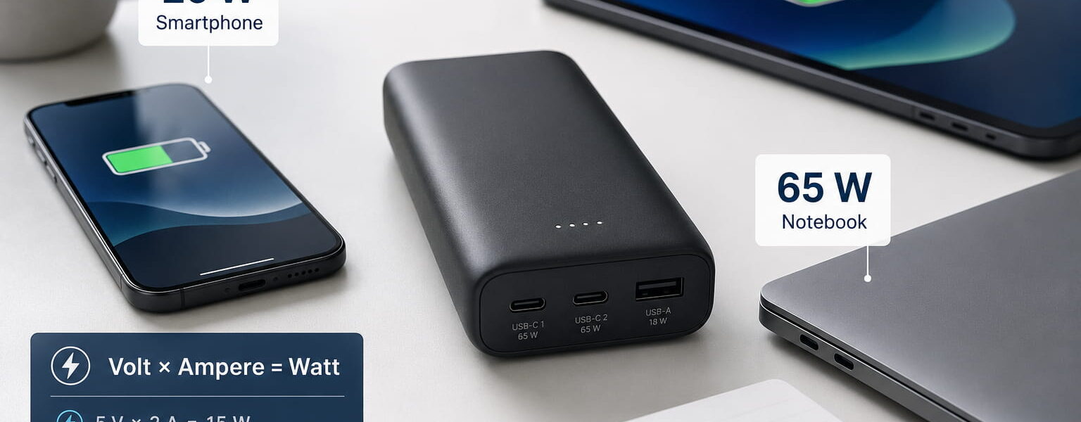 Powerbank Output mit Ladeleistung für Smartphone, Tablet und Notebook