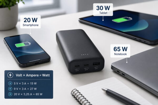 Powerbank Output mit Ladeleistung für Smartphone, Tablet und Notebook