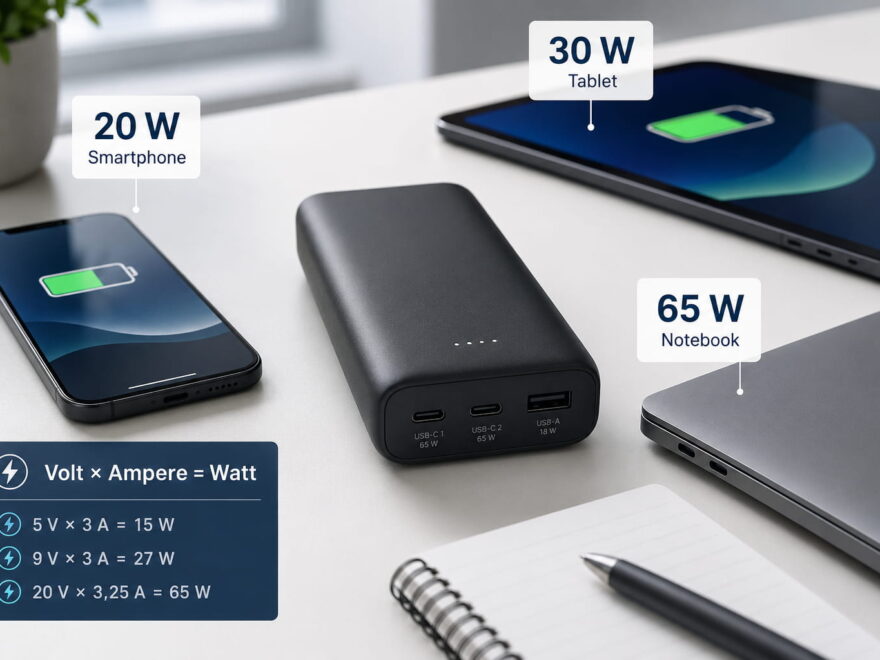 Powerbank Output mit Ladeleistung für Smartphone, Tablet und Notebook