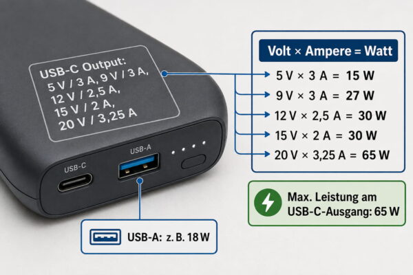 Powerbank Output richtig lesen Powerbank Output mit Volt-, Ampere- und Watt-Angaben erklärt
