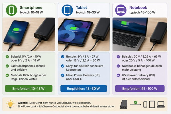 Powerbank Output für verschiedene Geräte Powerbank Output für Smartphone, Tablet und Notebook im Vergleich