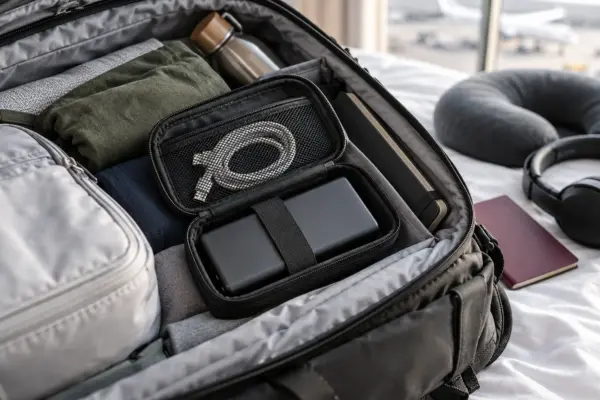 Powerbank sicher im Handgepäck transportieren Powerbank sicher in einer Schutzhülle im Handgepäck verstaut