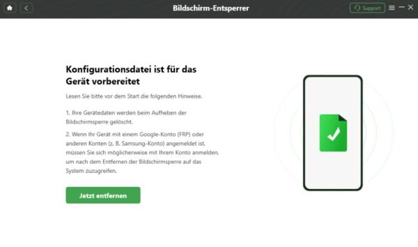 DroidKit Konfigurationsdatei für Entsperrung vorbereitet – Schaltfläche Jetzt entfernen