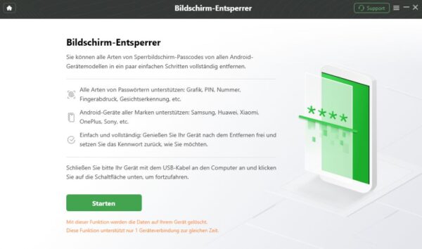 DroidKit Oberfläche mit Option zum Starten der Bildschirm-Entsperrung