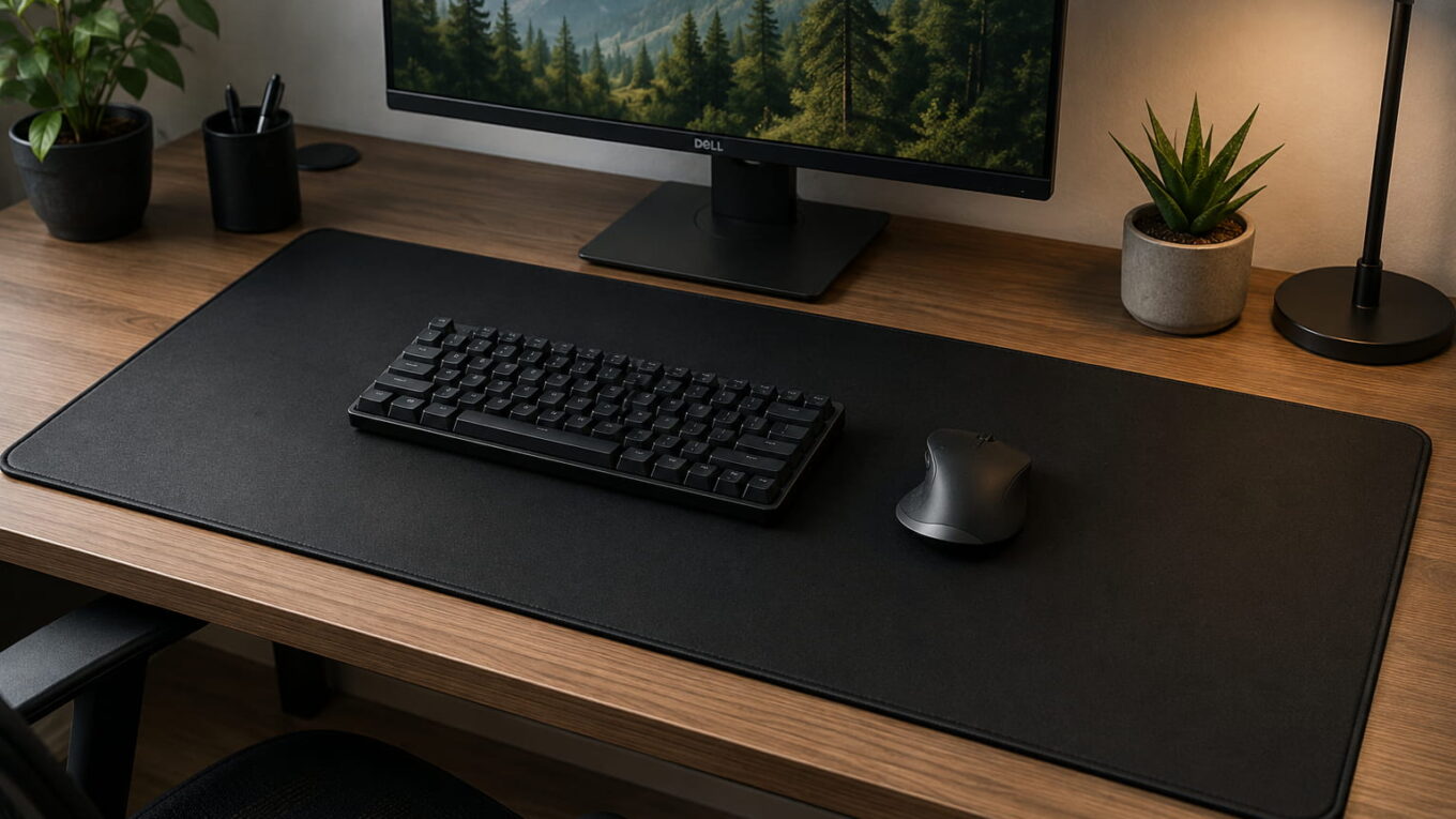 Schreibtischunterlage mit Tastatur und Maus am PC-Arbeitsplatz