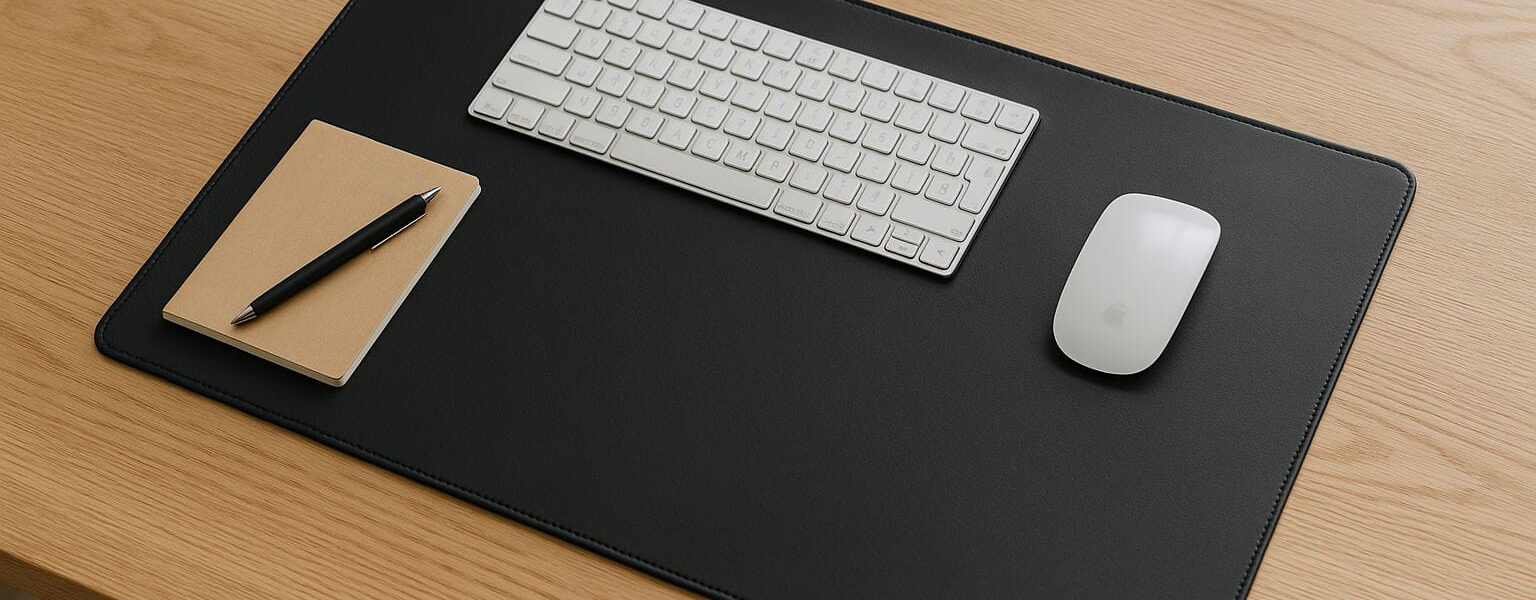 Schreibtischunterlage auf modernem Tisch: PU-Matte unter Tastatur und Maus, Beispiel für Schutz, Haptik und Ordnung.