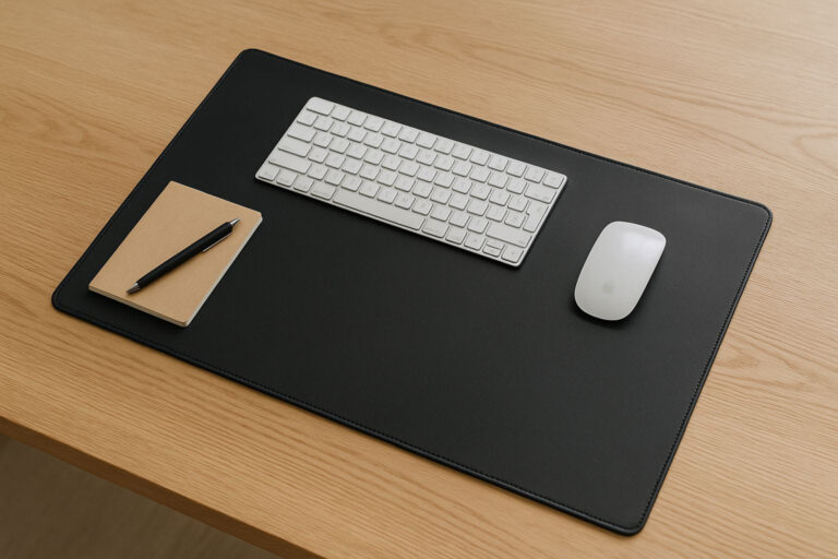 Schreibtischunterlage auf modernem Tisch: PU-Matte unter Tastatur und Maus, Beispiel für Schutz, Haptik und Ordnung.