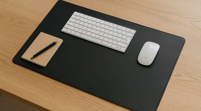 Schreibtischunterlage auf modernem Tisch: PU-Matte unter Tastatur und Maus, Beispiel für Schutz, Haptik und Ordnung.