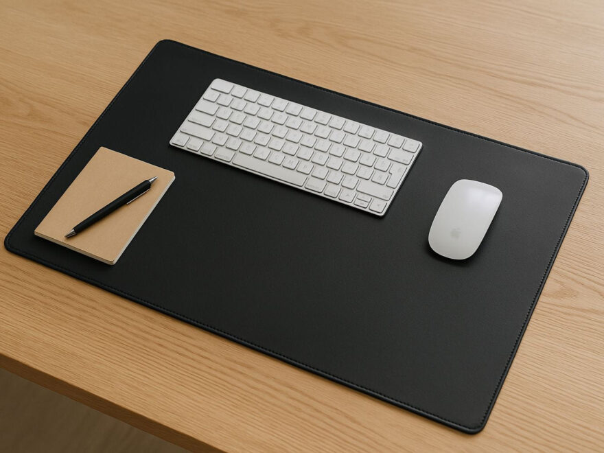 Schreibtischunterlage auf modernem Tisch: PU-Matte unter Tastatur und Maus, Beispiel für Schutz, Haptik und Ordnung.