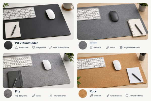Schreibtischunterlage aus PU, Stoff, Filz und Kork im Vergleich