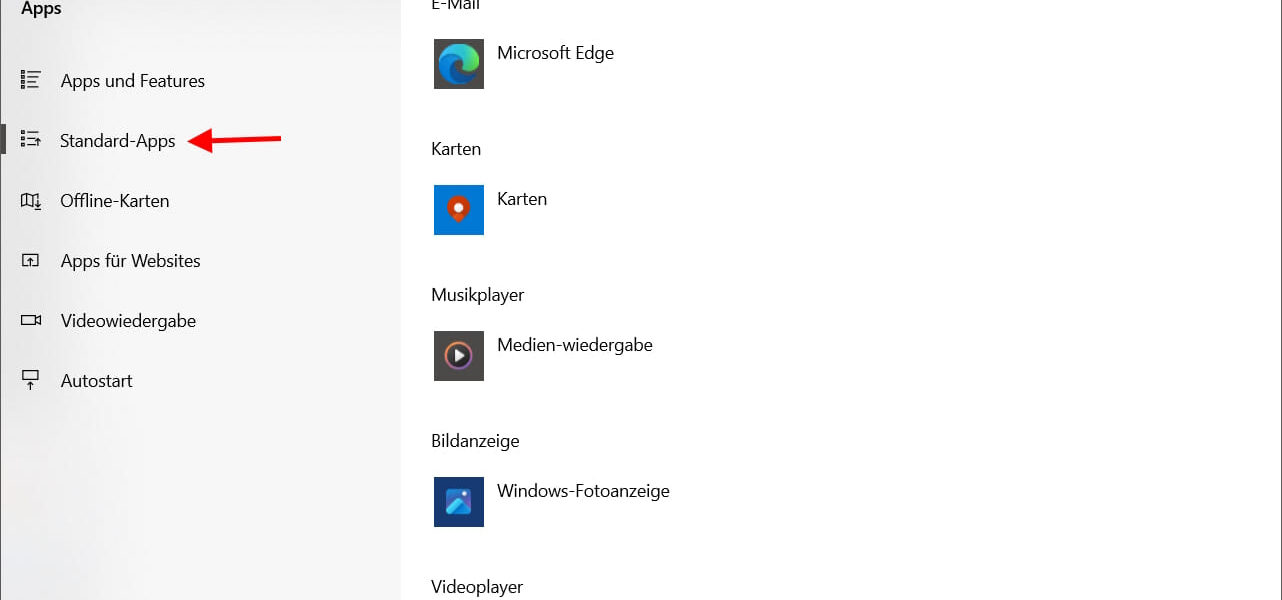 Standardprogramm festlegen in den Windows 10 Einstellungen mit geöffneter Übersicht
