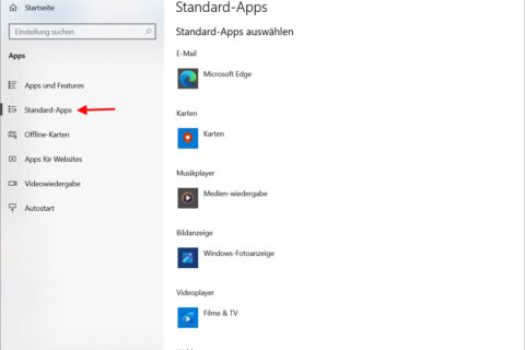 Standardprogramm festlegen in den Windows 10 Einstellungen mit geöffneter Übersicht