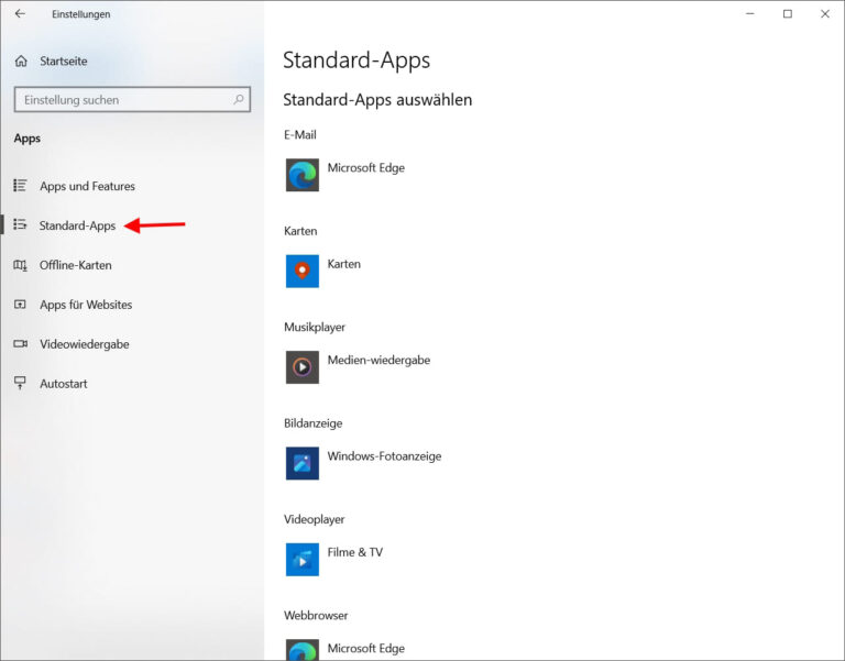 Standardprogramm festlegen in den Windows 10 Einstellungen mit geöffneter Übersicht