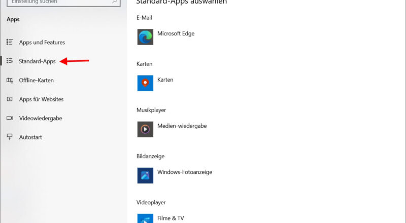 Standardprogramm festlegen in den Windows 10 Einstellungen mit geöffneter Übersicht