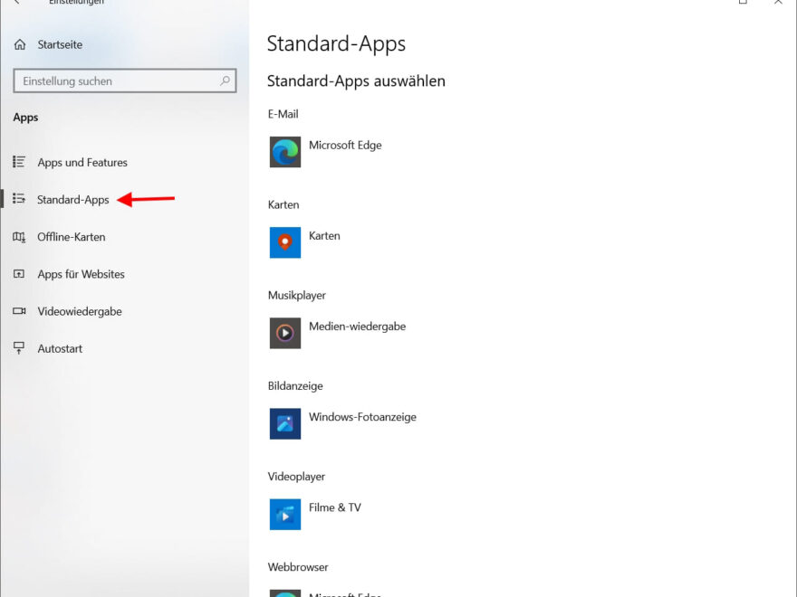 Standardprogramm festlegen in den Windows 10 Einstellungen mit geöffneter Übersicht