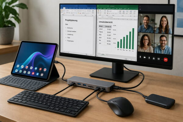 Tablet mit Dockingstation, Monitor, Tastatur und Maus