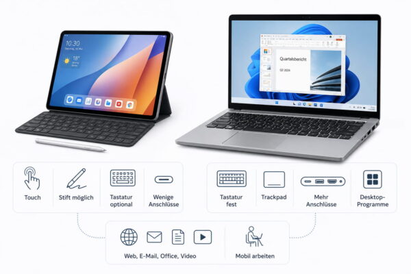 Tablet und Notebook im Vergleich mit typischen Unterschieden bei Bedienung und Anschlüssen