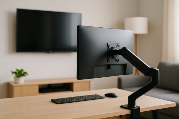 VESA-Mount für Monitorhalterungen und TV-Wandhalterungen Monitor mit VESA-Mount an Schreibtischarm und Fernseher an Wandhalterung